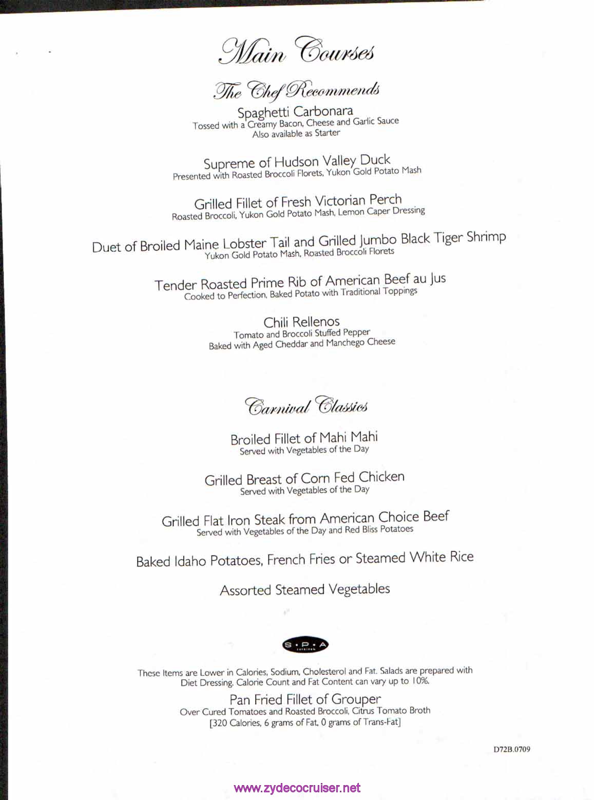 Carnival Dream Menu - D72B.0709