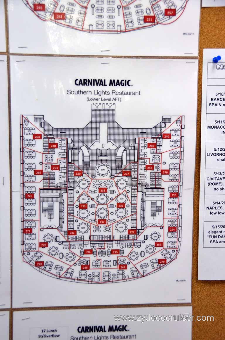 125: Carnival Magic, Mediterranean Cruise, Sea Day 1, Galley Tour, MDR Seating Chart
