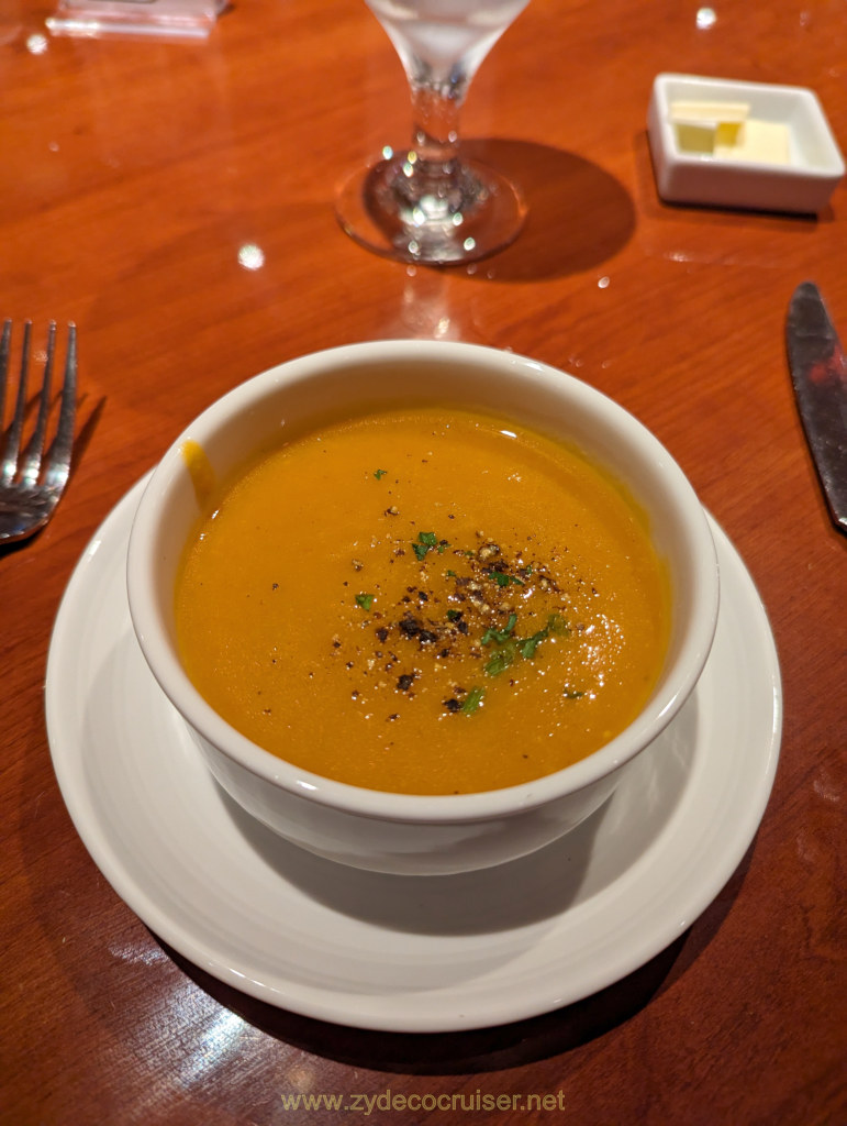 001: Carnival Valor Christmas Cruise, Sea Day 2, MDR Dinner, Roasted Pumpkin Soup