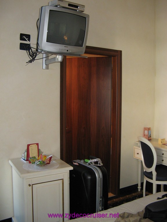 026: C Doge, Venice - my room. The fridge/mini bar and snacks next to the suitcase