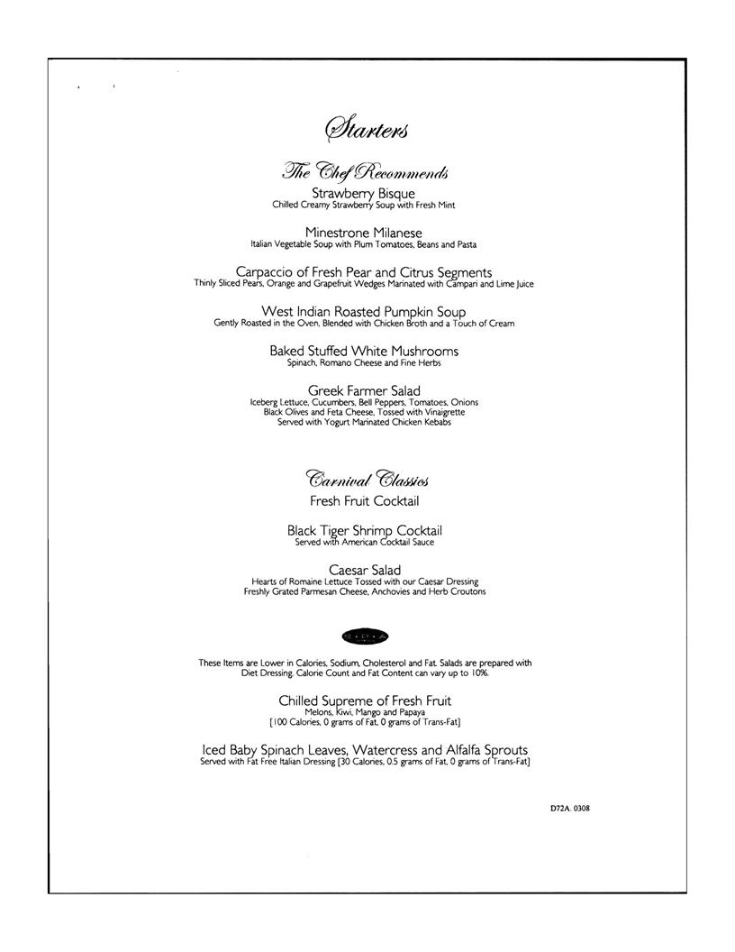 Carnival Dinner Menu Day 2, page 1