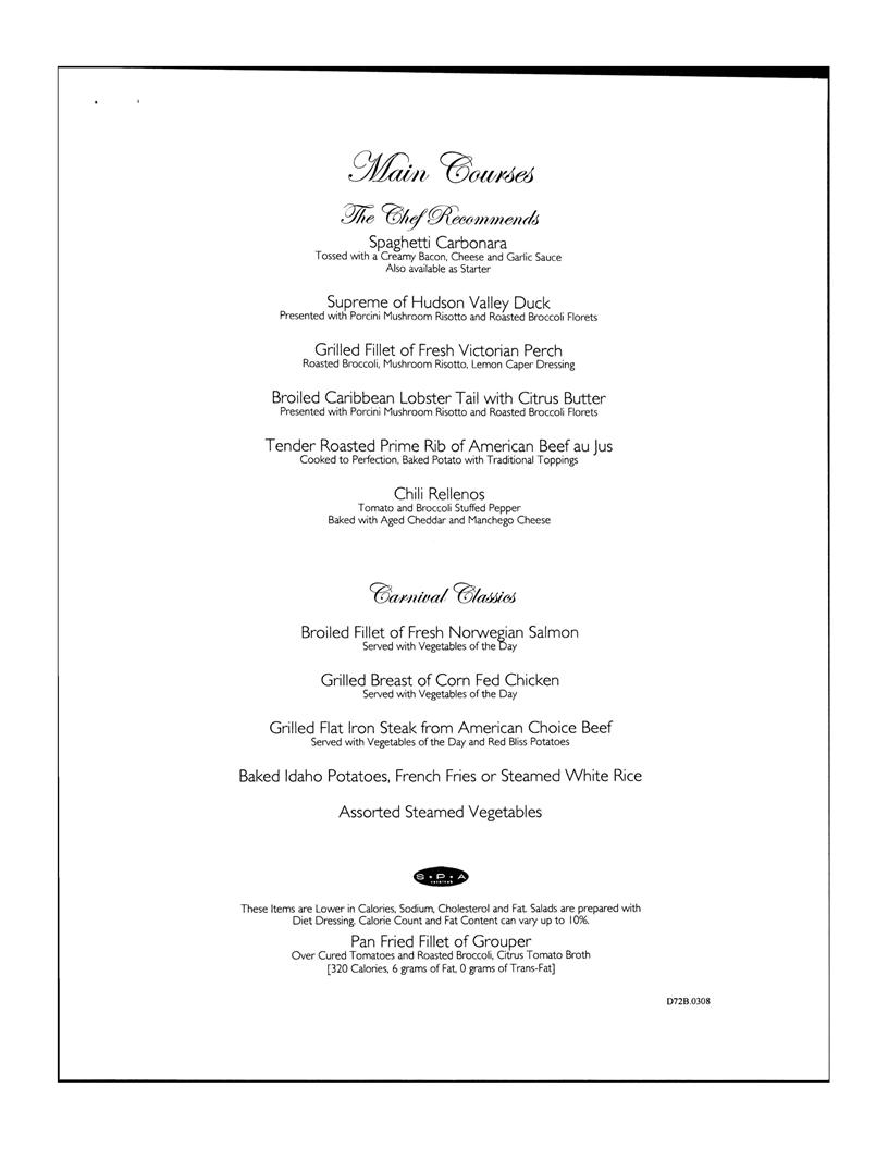 Carnival Dinner Menu Day 2, page 2