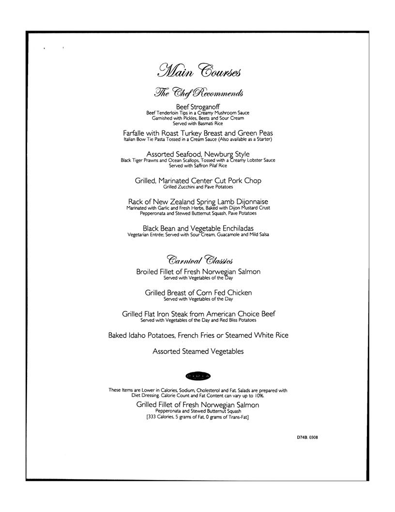 Carnival Dinner Menu Day 4, page 2