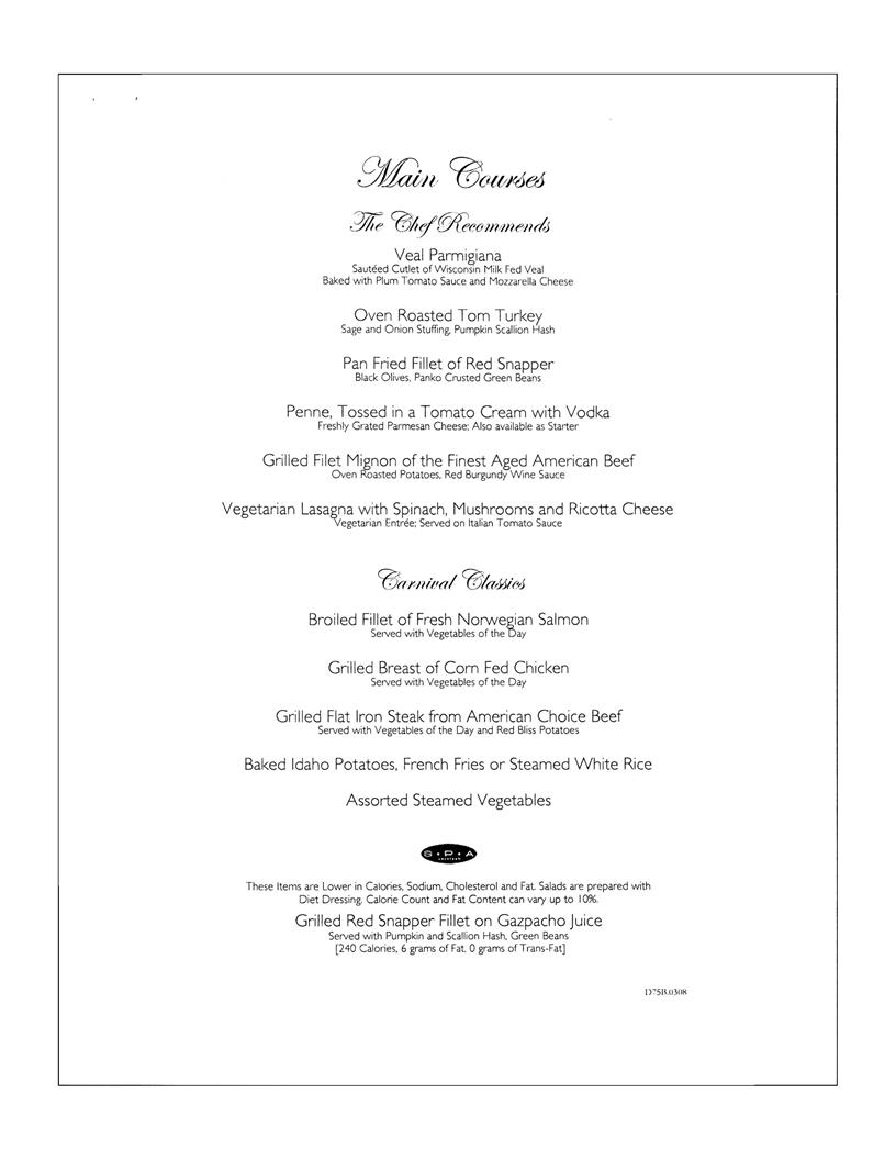 Carnival Dinner Menu Day 5, page 2