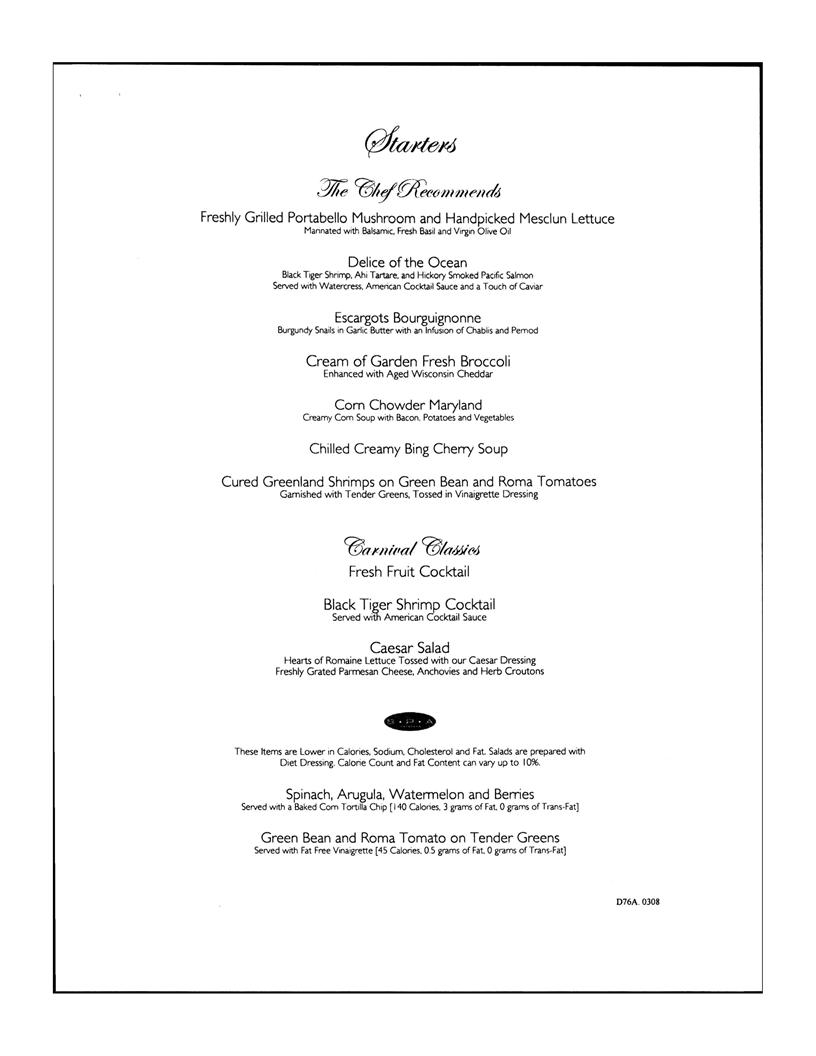 Carnival Dinner Menu Day 6, page 1