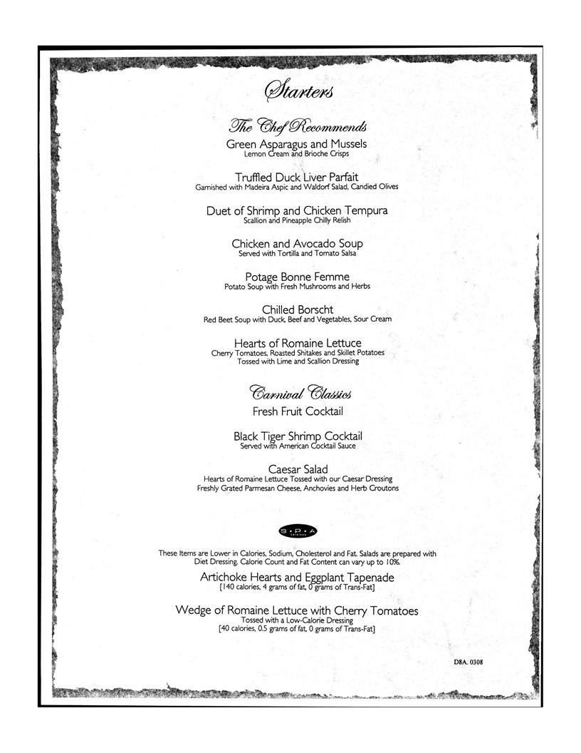 Carnival Dinner Menu Day 8, page 1