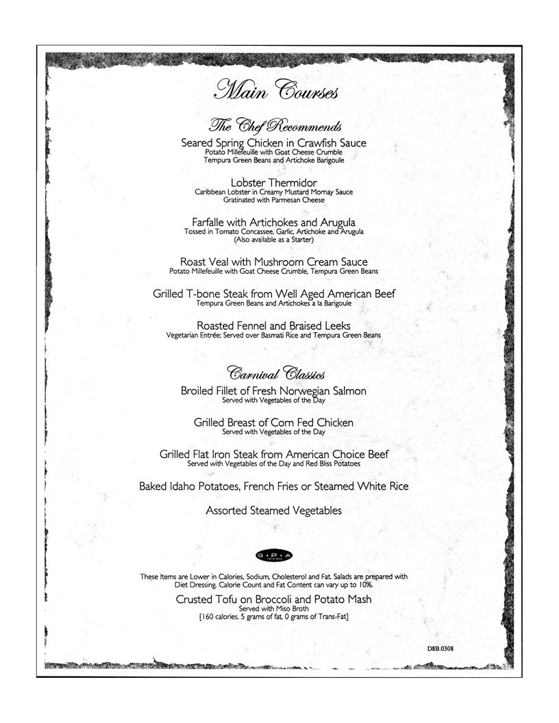 Carnival Dinner Menu Day 8, page 2