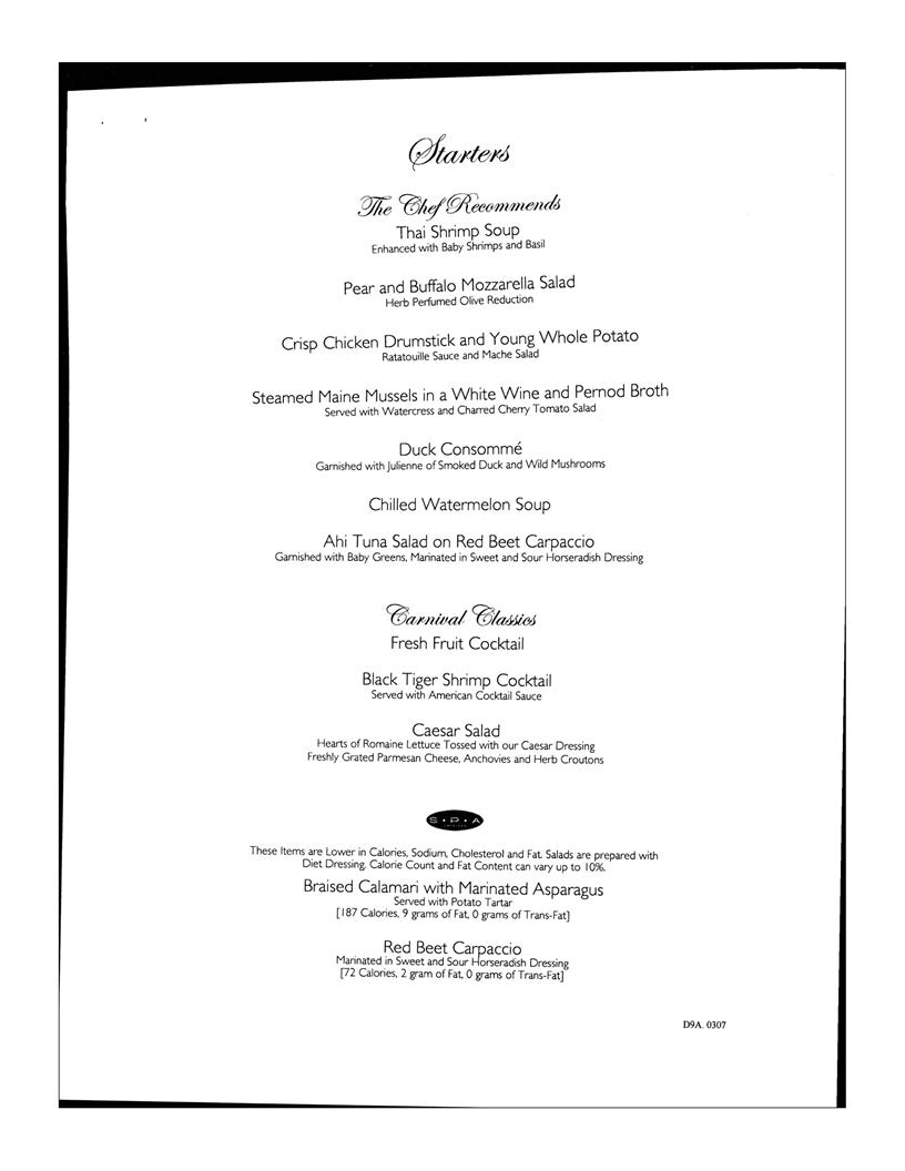 Carnival Dinner Menu Day 9, page 1