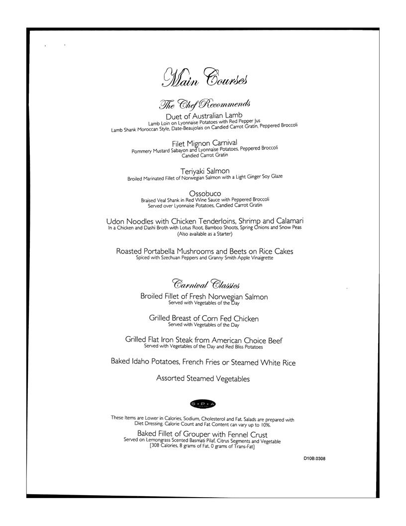 Carnival Dinner Menu Day 10, page 2