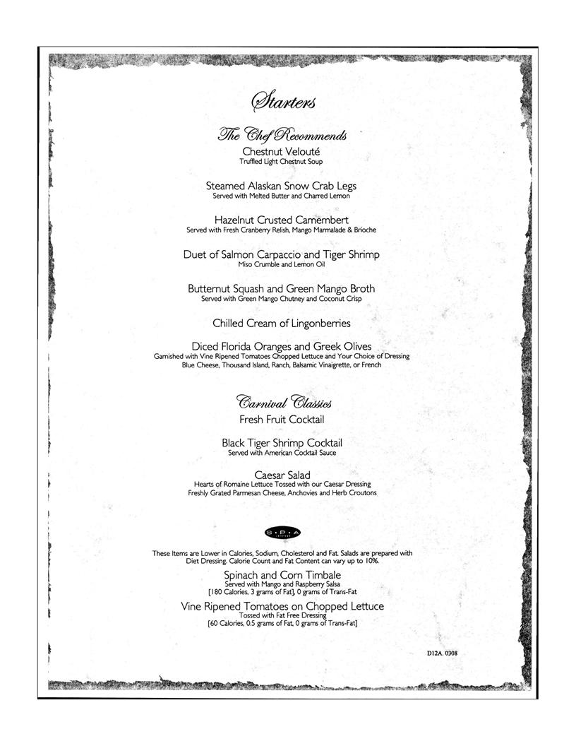 Carnival Dinner Menu Day 12, page 1