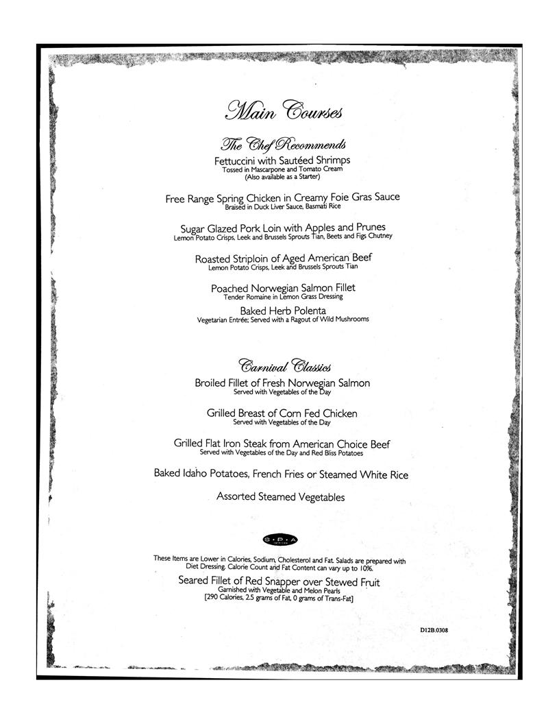 Carnival Dinner Menu Day 12, page 2