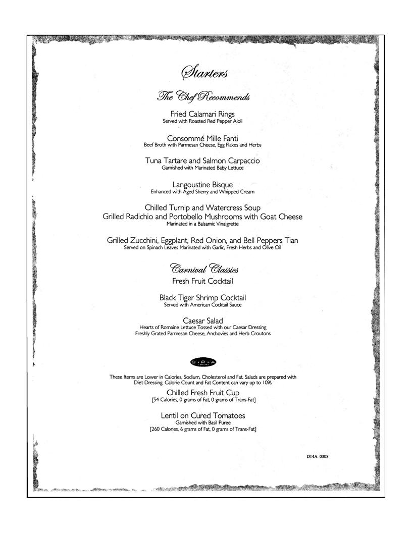 Carnival Dinner Menu Day 14, page 1