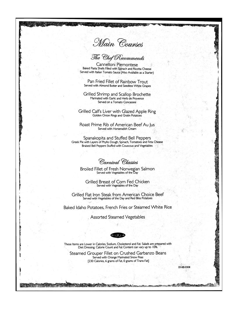 Carnival Dinner Menu Day 14, page 2