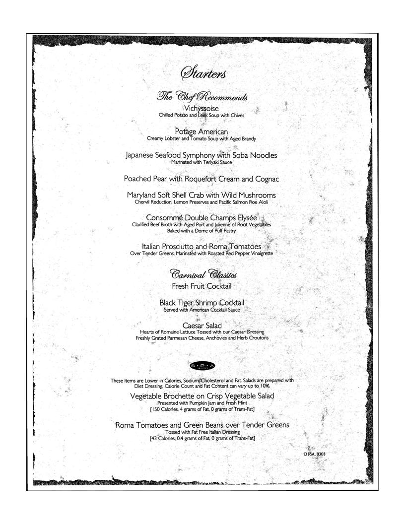Carnival Dinner Menu Day 16, page 1