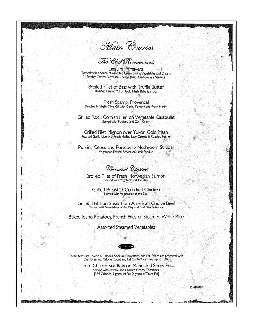 Carnival Dinner Menu Day 16, page 2