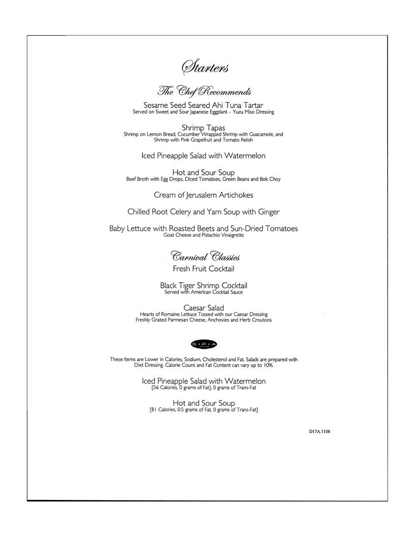 Carnival Dinner Menu Day 17, page 1