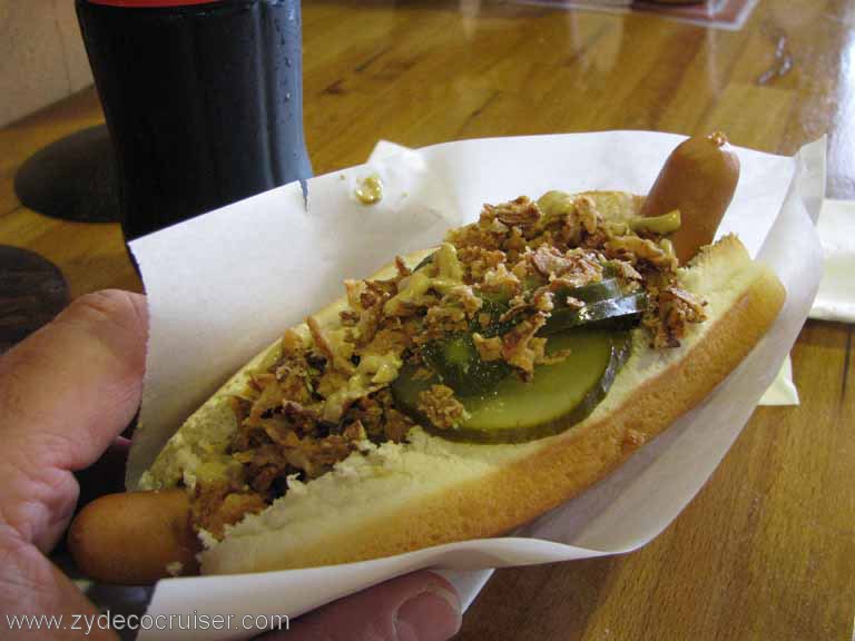 A wonderful Berlin Hotdog with mustard, pickles, fried onion bits, and who knows what. Delicious!