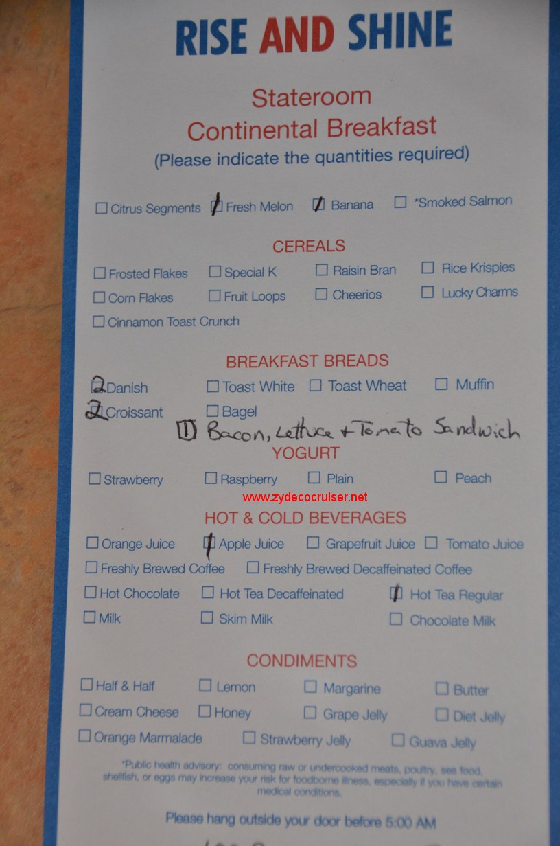 000: Carnival Conquest, Belize, Room Service Order