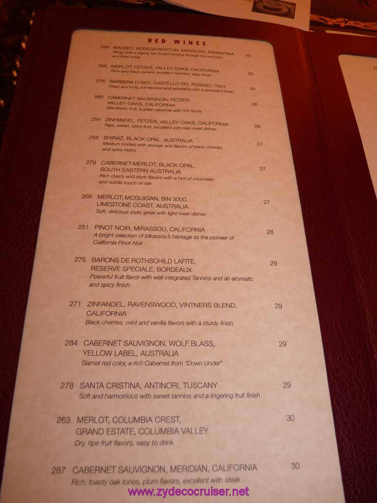 0110: Carnival Dream, Transatlantic Cruise - Sea Day 1 - The Chef's Art Supper Club / Steakhouse - Wine Menu