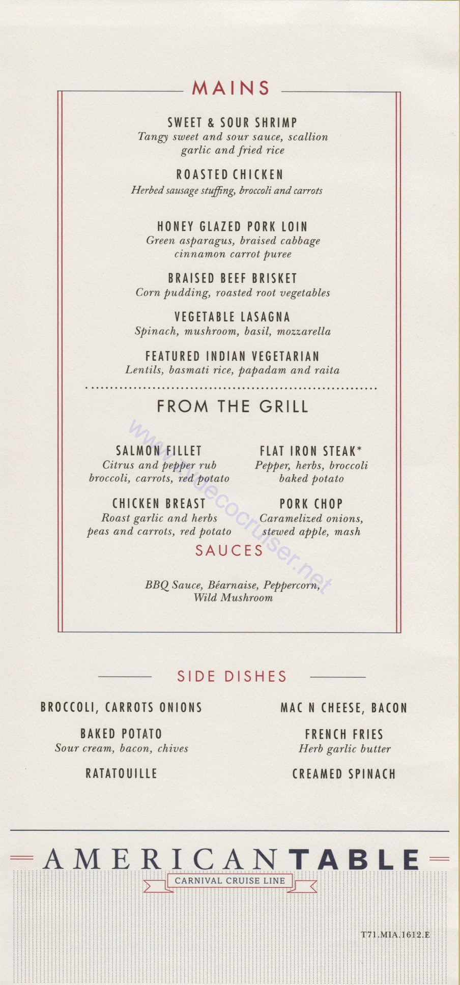 Carnival Horizon Day 1 MDR Dinner Mains Menu