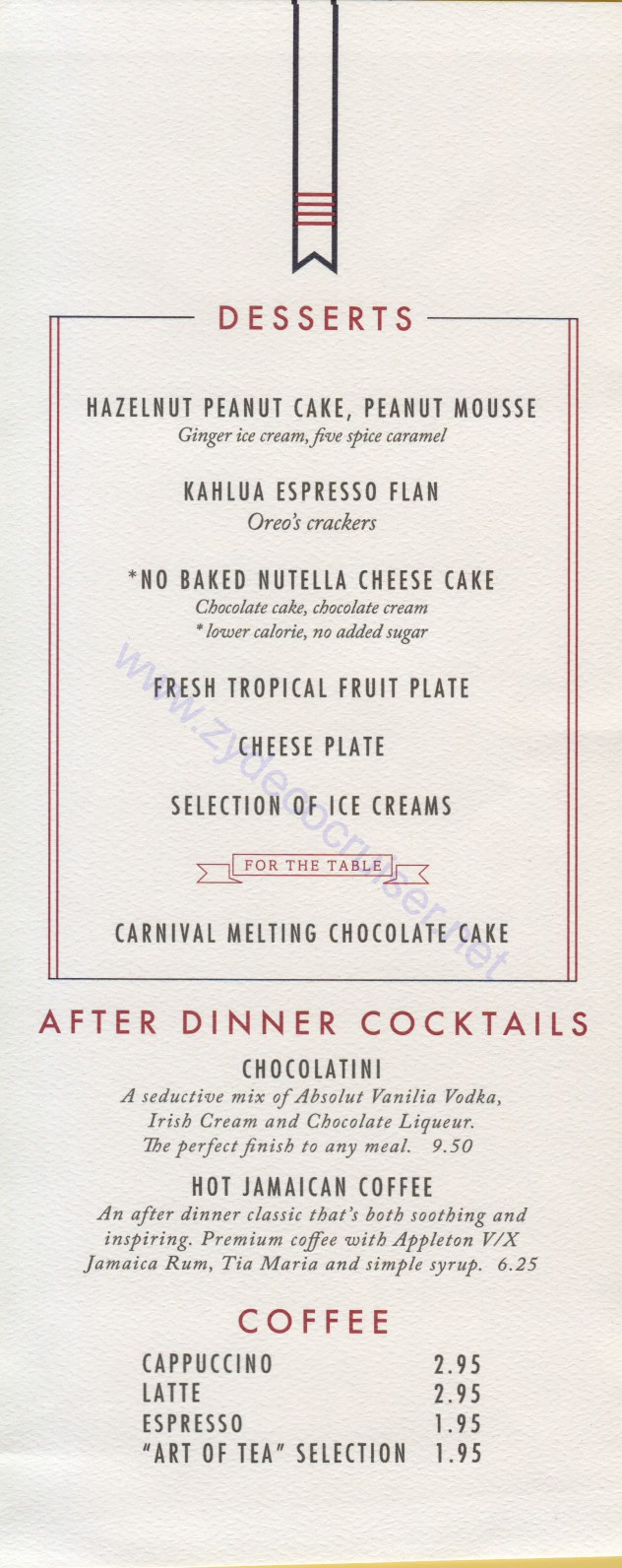 Carnival Horizon Day 6 MDR Dinner Desserts Menu