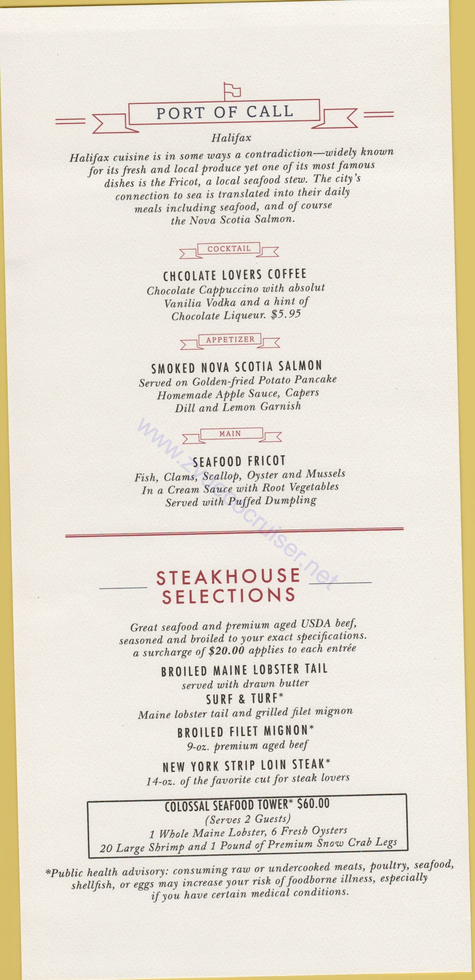 Carnival Horizon Day 13 MDR Dinner Halifax Port of Call Menu