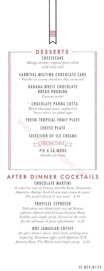 Carnival Inspiration, 3 Day American Table Menus, Day 3, Dessert Menu, Fun Day at Sea