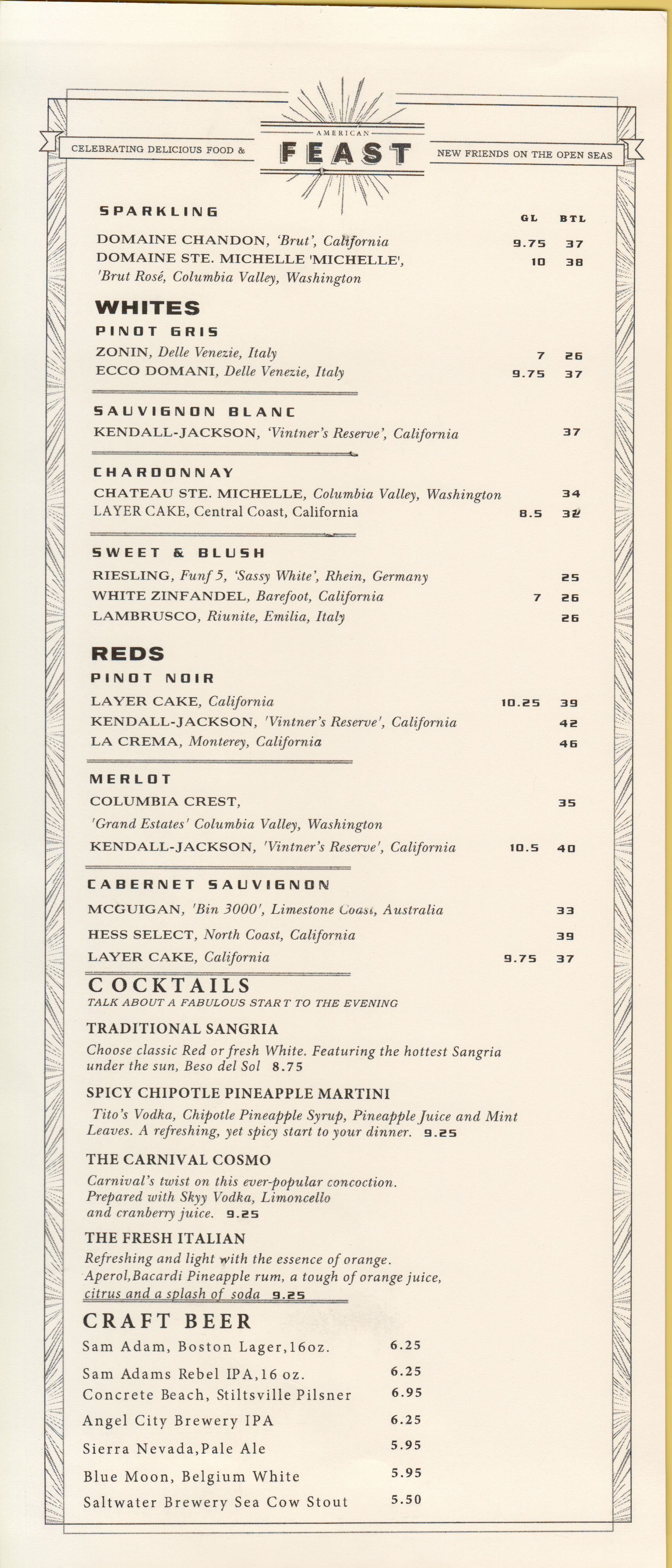 003: Carnival Splendor Panama Canal Journey Cruise, Lazy Sea Day 1, MDR Elegant Night Wine Menu