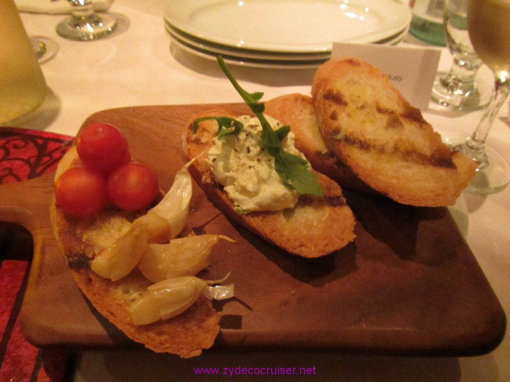 107: Carnival Sunshine Cruise, Nov 22, 2013, Cozumel, Cucina del Capitano, Diamond Guest Captain's Event, Bruschetta with ricotta cheese, tomatoes, and roasted garlic, 