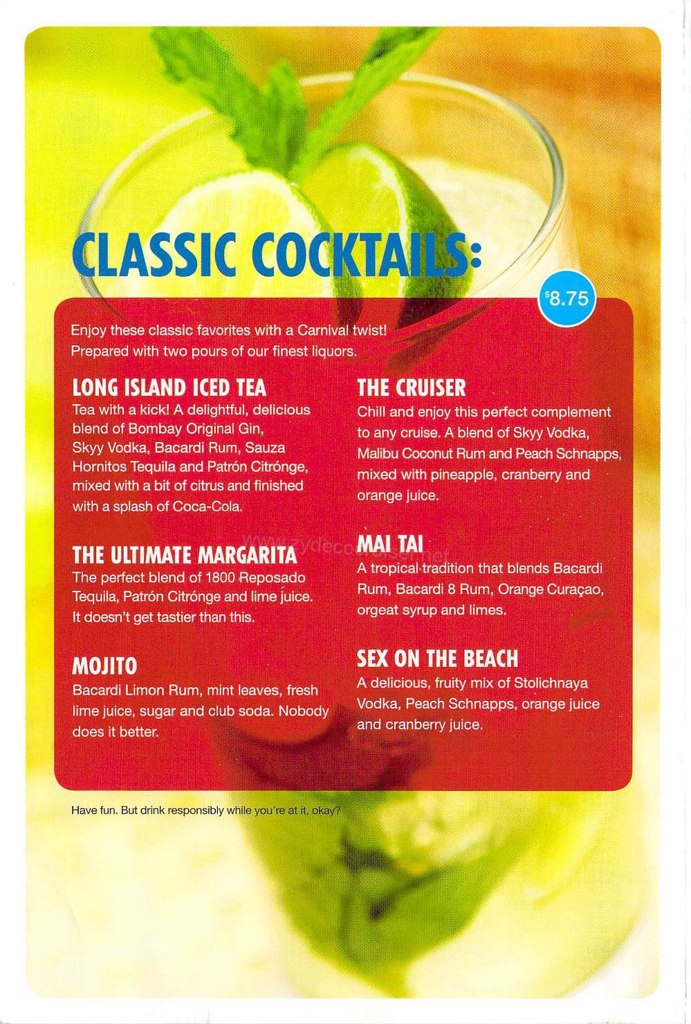 Carnival Bar Menu Page 2