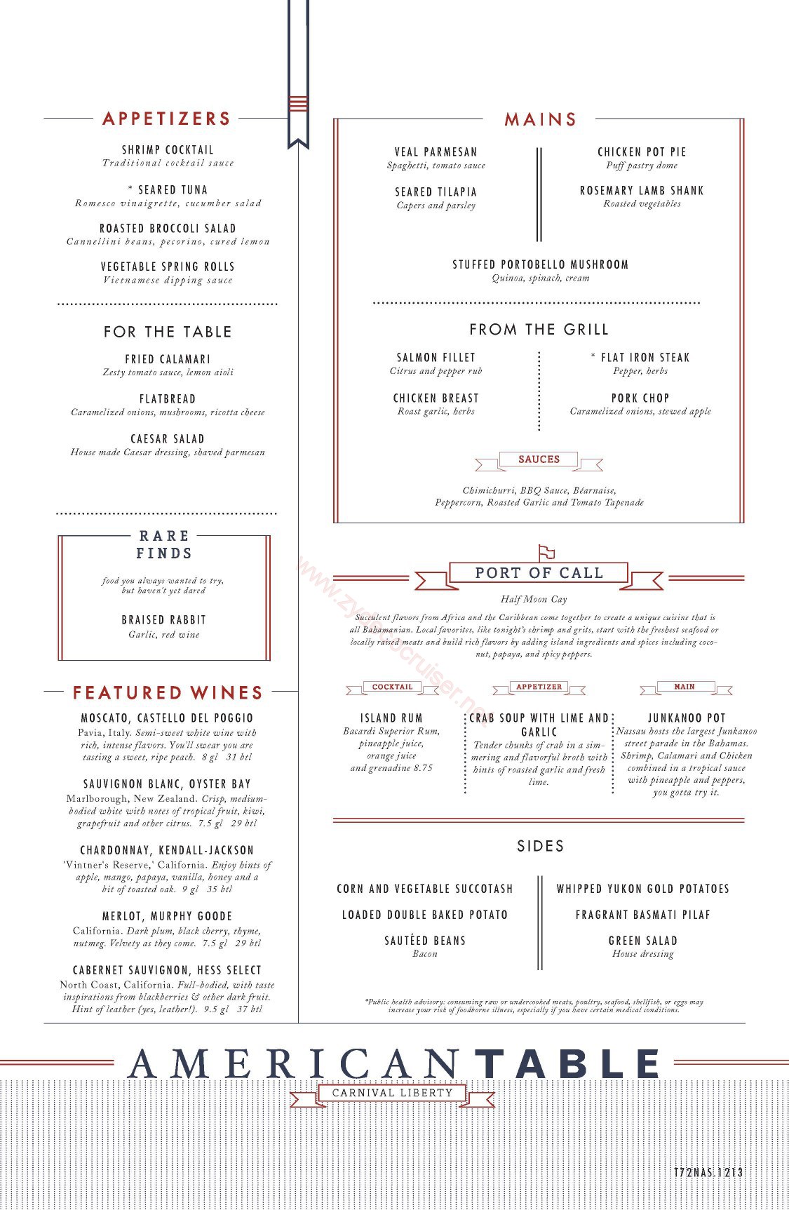 Carnival Liberty American Table Menu - Nassau