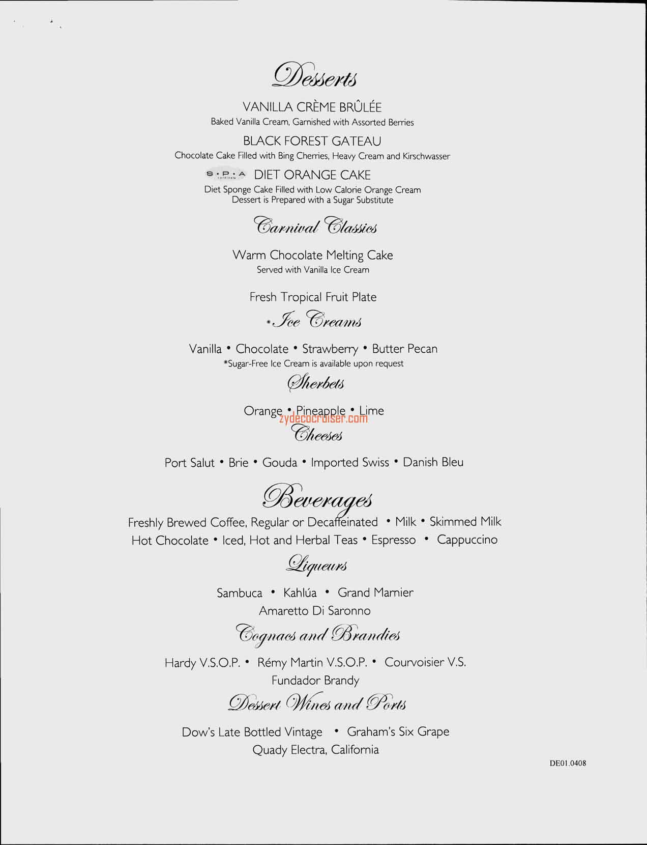 Dinner Menu, Day 1, Dessert, Carnival Splendor Inaugural